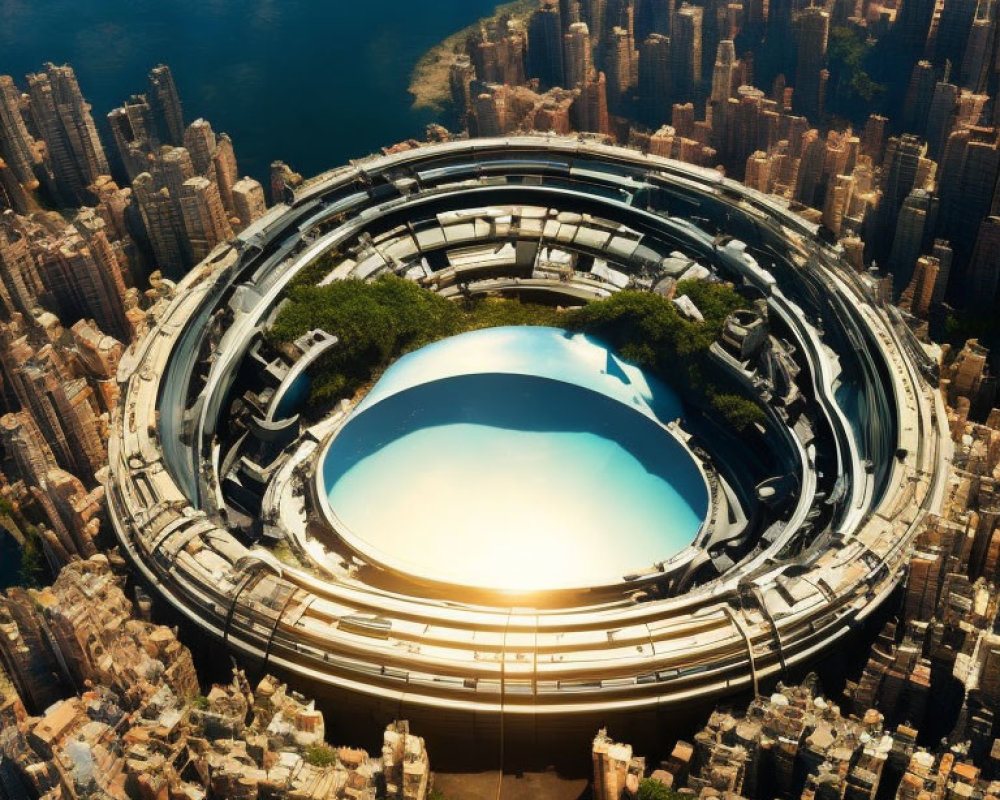 Circular skyscraper in dense cityscape with reflective pool & rooftop park