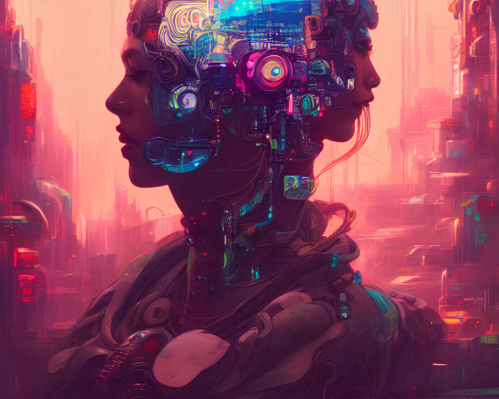 Detailed Cybernetic Being in Neon-lit Cityscape