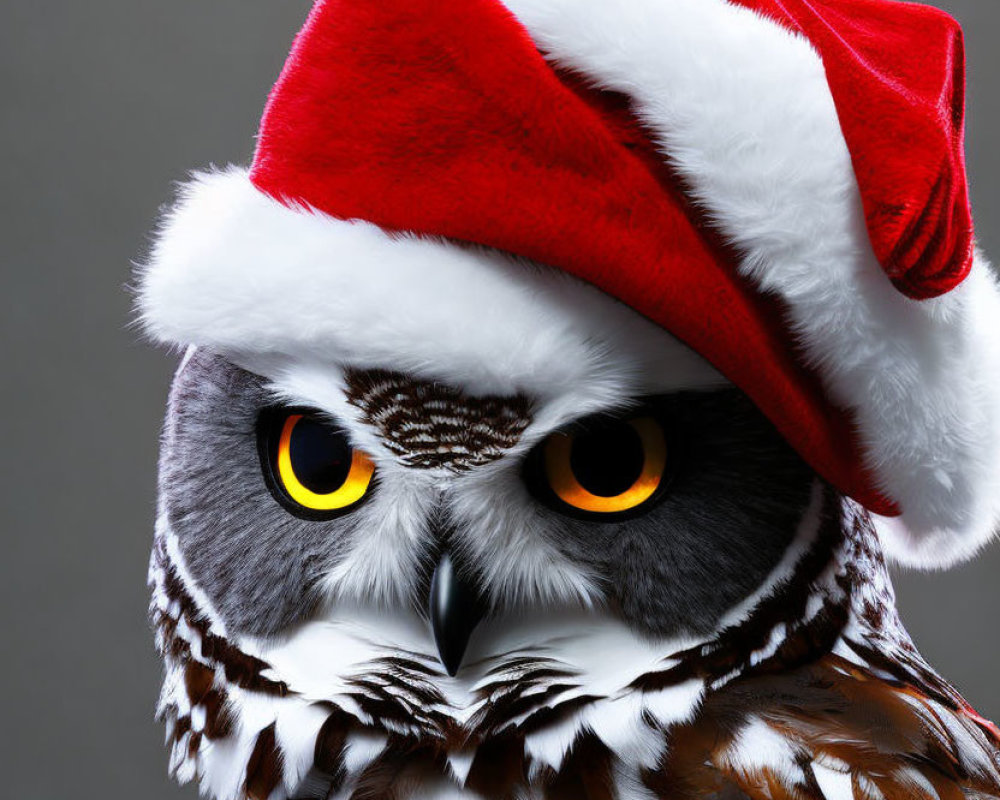 Striking yellow-eyed owl in Santa hat for a whimsical festive look