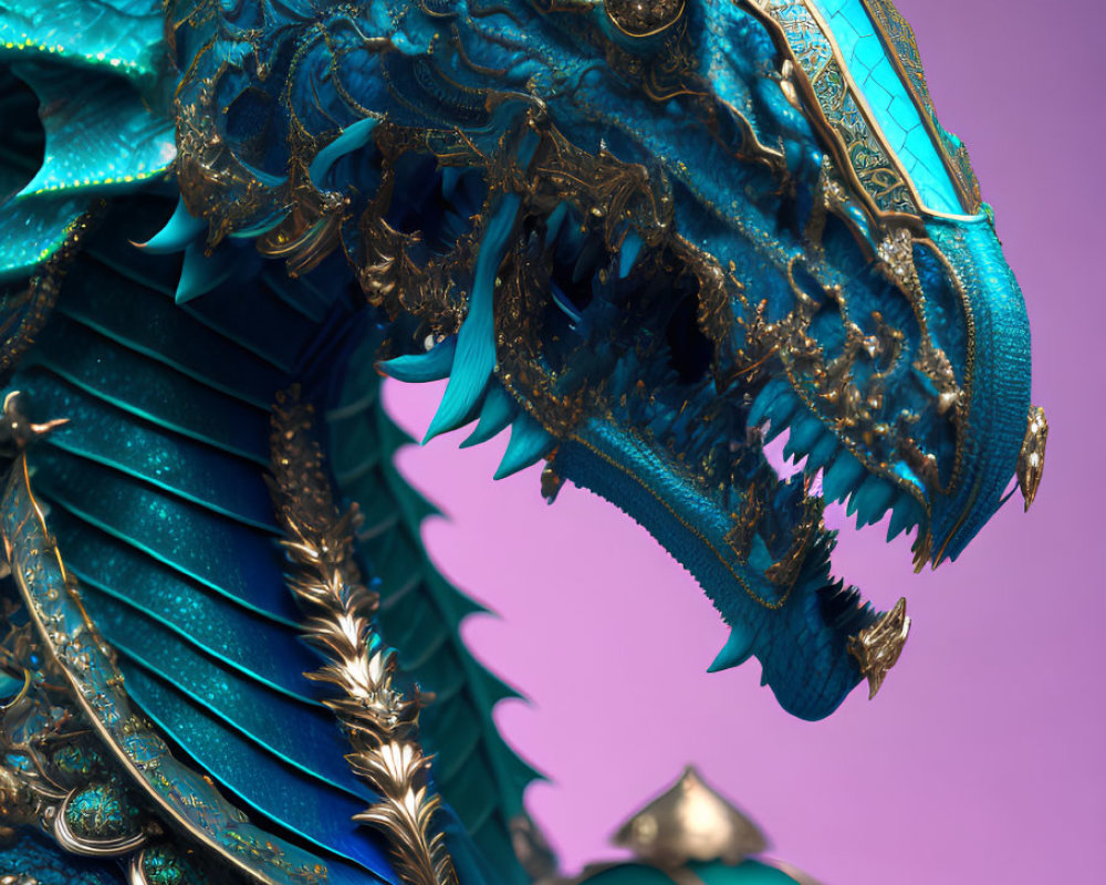 Detailed Blue Dragon Artwork with Metallic Scales and Golden Accents