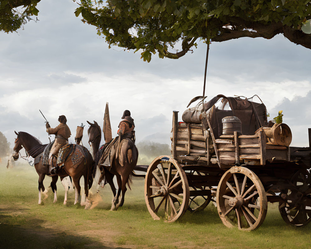 Historical scene: Two individuals on horseback guiding a wagon with barrels under a tree canopy