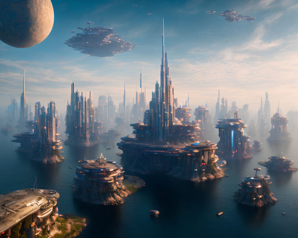 Futuristic cityscape with skyscrapers, flying vehicles, moon, and floating islands