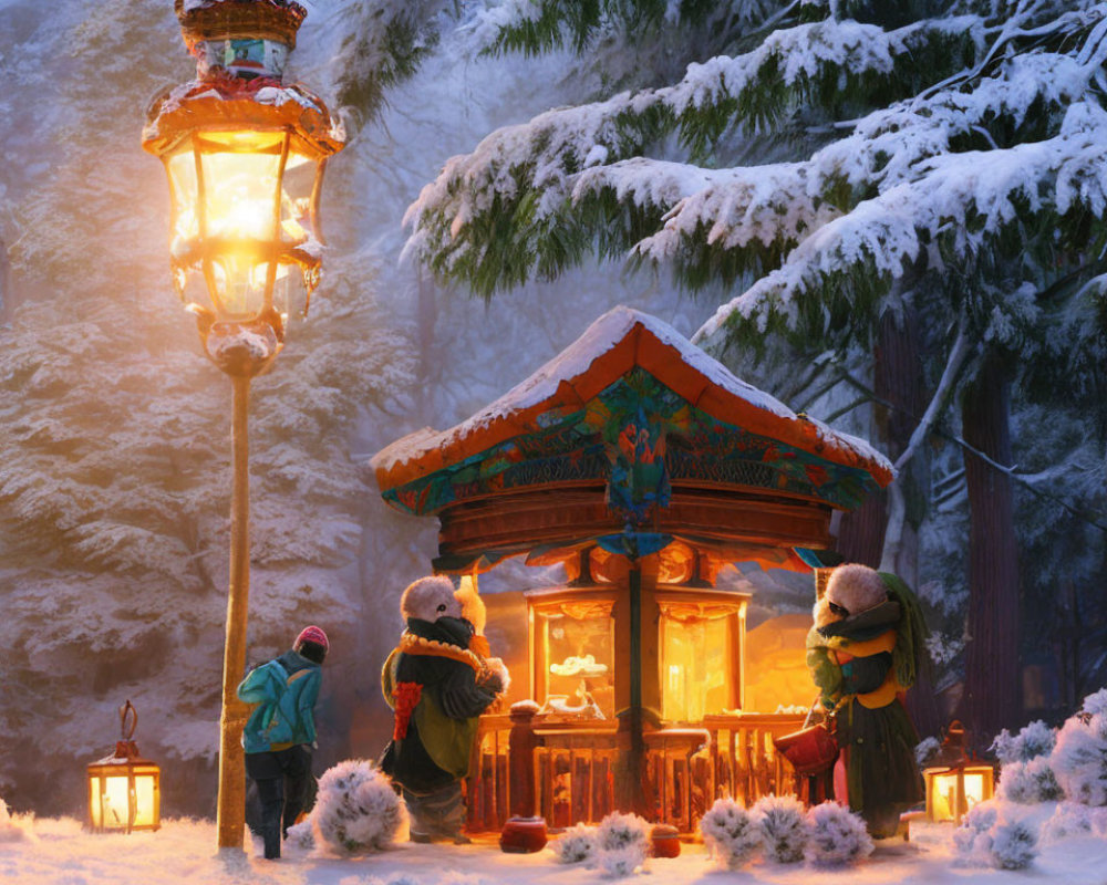 Whimsical winter scene with children, bear, carousel kiosk, snow-covered trees.