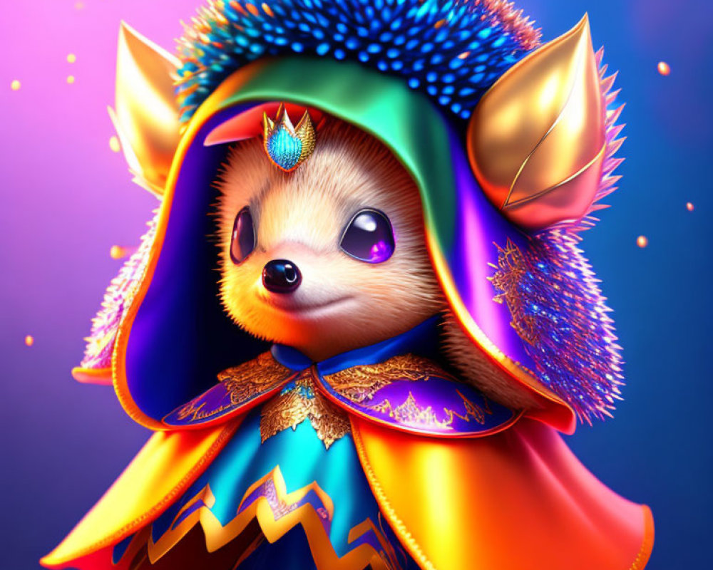 Illustration of creature with hedgehog spines, fox ears, and colorful cloak