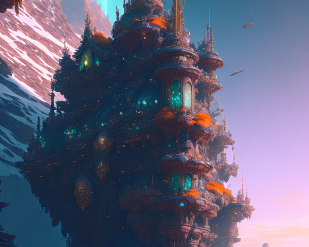 Illuminated floating city against alien sunset sky