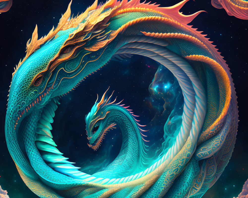 Colorful Dragon in Cosmic Scene with Swirling Clouds