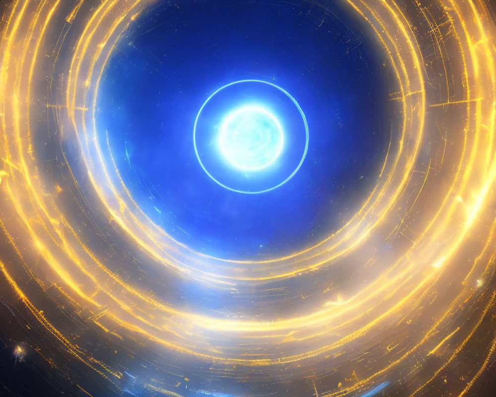 Celestial Scene with Bright Blue Core and Golden Rings on Starry Background