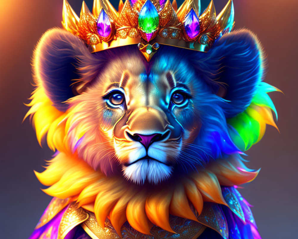 Colorful Lion Illustration with Crown and Royal Attire on Gradient Background