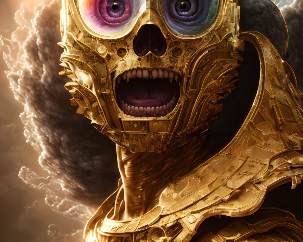 Hyper-realistic Digital Art: Mechanical Skull with Colorful Eyes on Cloudy Sky