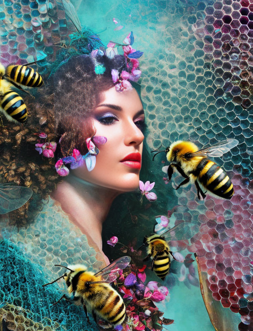 Surreal portrait of a woman with bees, flowers, and honeycomb background