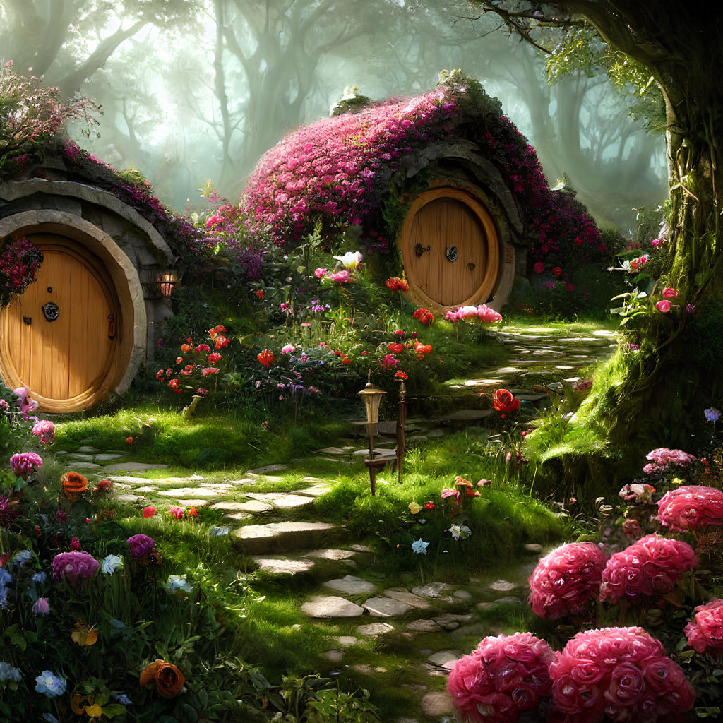 Enchanting hobbit-style houses in a misty forest clearing