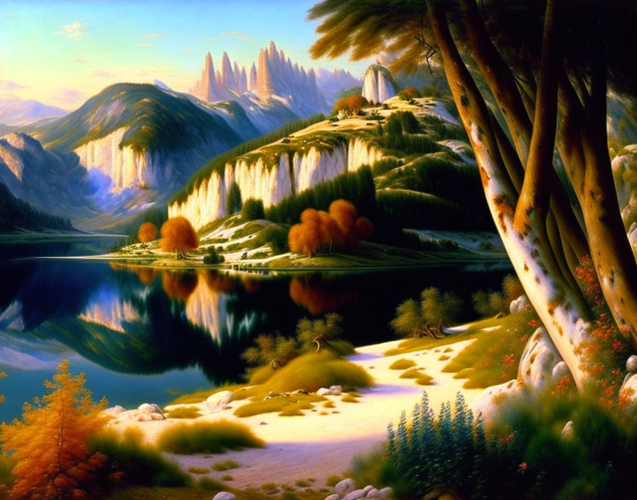 Tranquil landscape painting: vibrant trees, still lake, mountains, blue sky