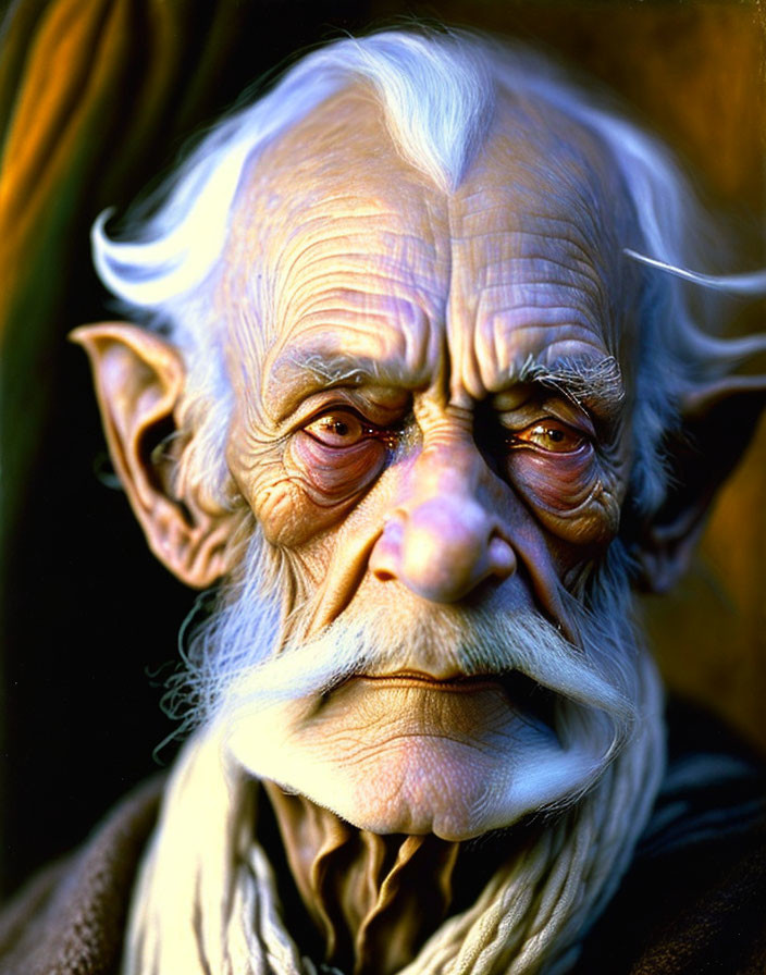 Elderly character with pointed ears, deep wrinkles, long white mustache