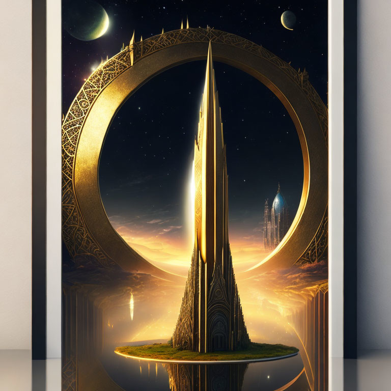 Futuristic cityscape with golden spire, celestial ring, planets, and reflective water.