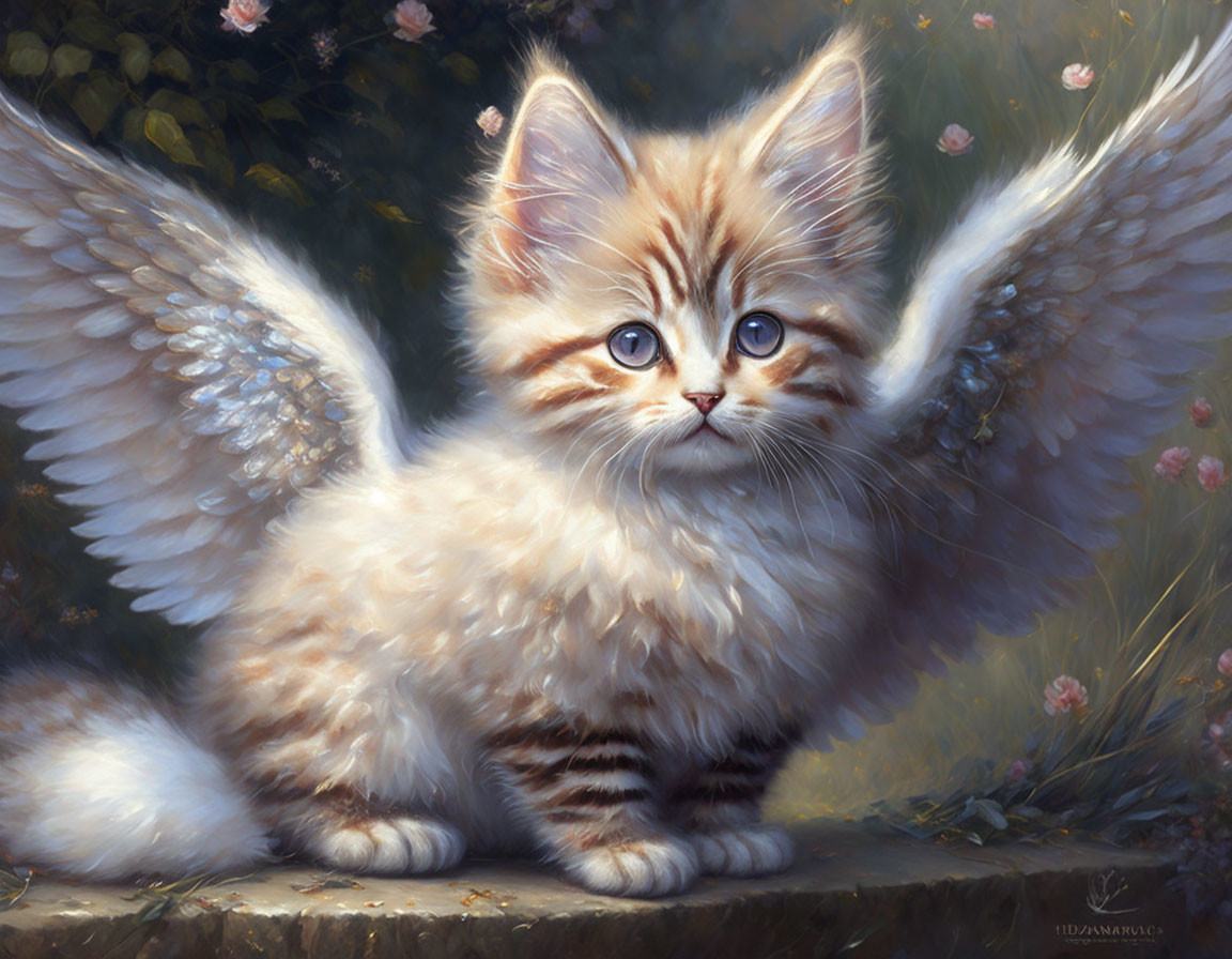 Fluffy winged kitten with blue eyes in flower garden