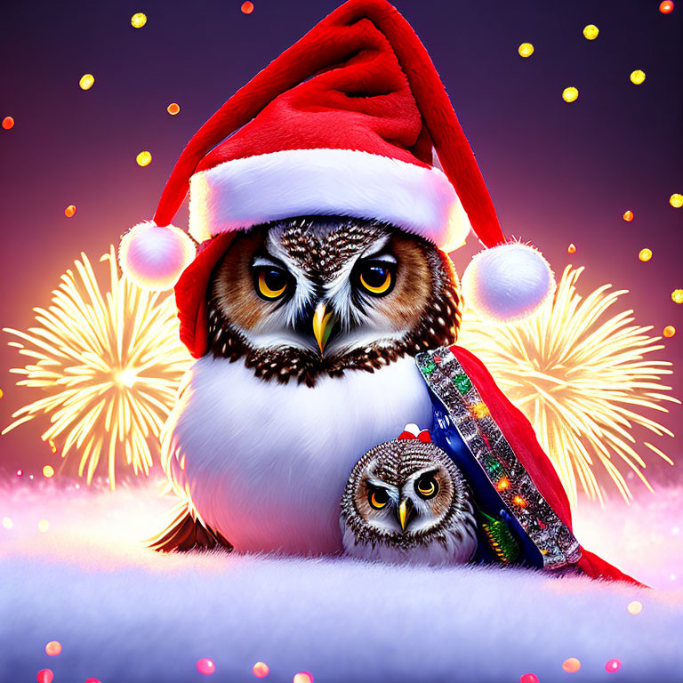 Adult and Baby Owls in Santa Hats with Colorful Christmas Lights and Fireworks