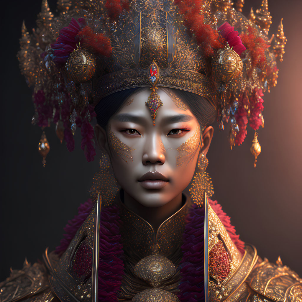 Detailed Digital Portrait of Person in Ornate Golden Headdress & Regal Red Armor