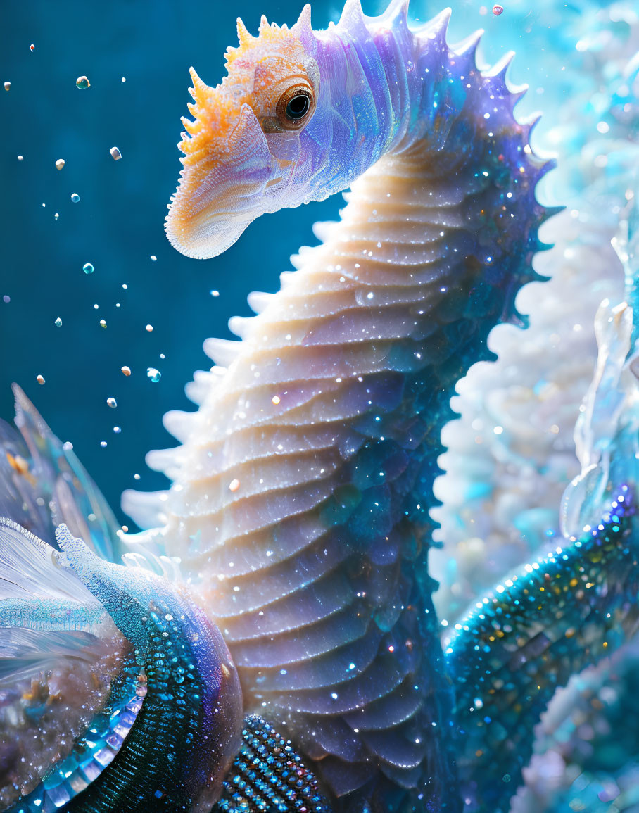 Colorful sea dragon with textured scales and fins in blue underwater scene