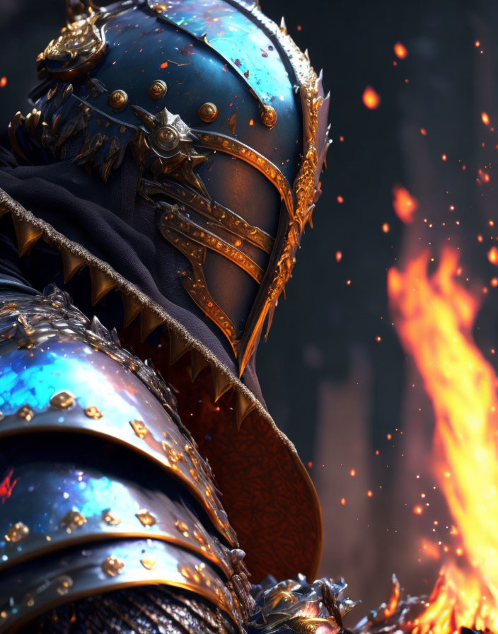 Ornate Blue and Gold Knight Armor Near Flames