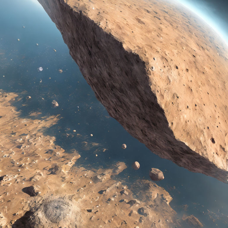 Asteroid field with rocks and debris, massive asteroid in foreground