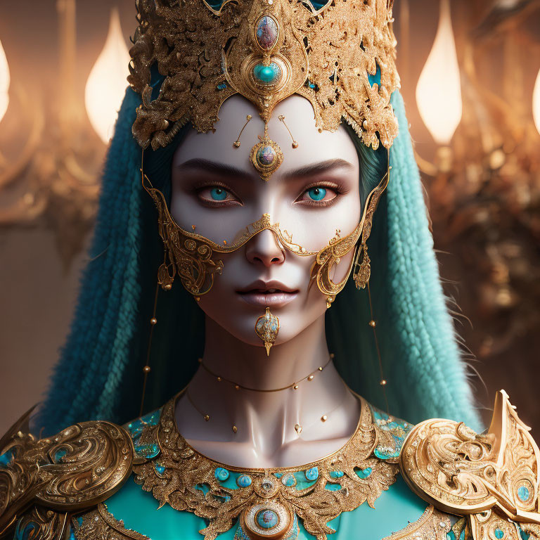 Blue-skinned figure with golden headdress and jewelry exudes power