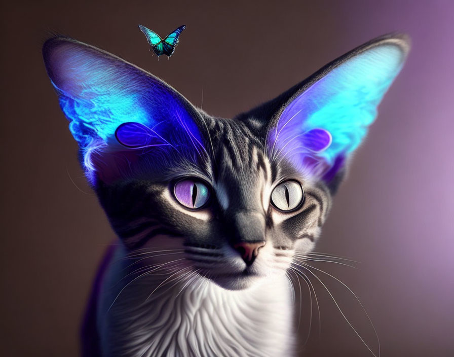 Digital Artwork: Cat with Blue Ears and Purple Eyes, Butterfly Above