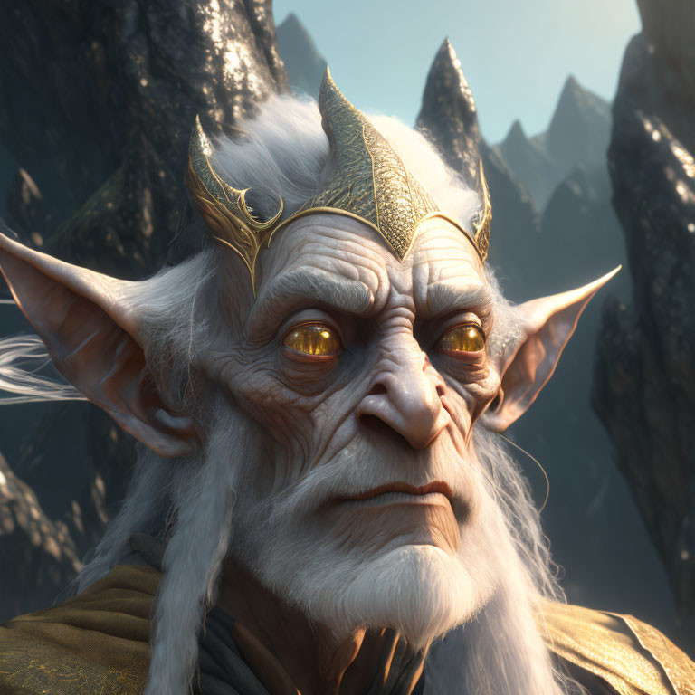 Elder Fantasy Character with Pointed Ears and Gold Crown