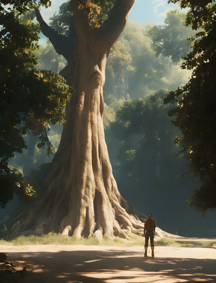 Person standing before massive tree with sprawling roots in sunlit forest clearing