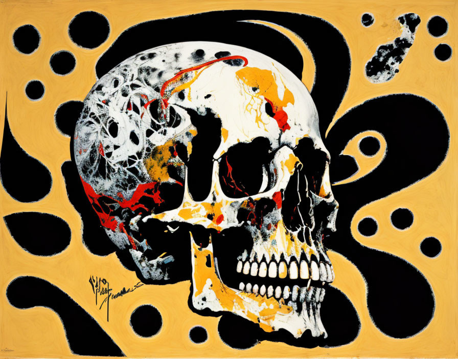 Abstract Skull Painting with Red and White Splashes on Yellow Background