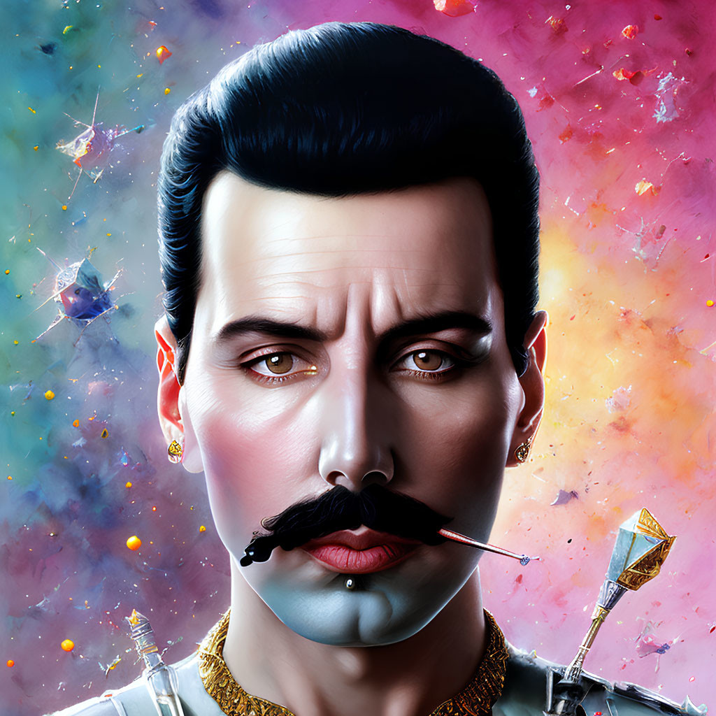 Stylized man portrait with mustache and cosmic background