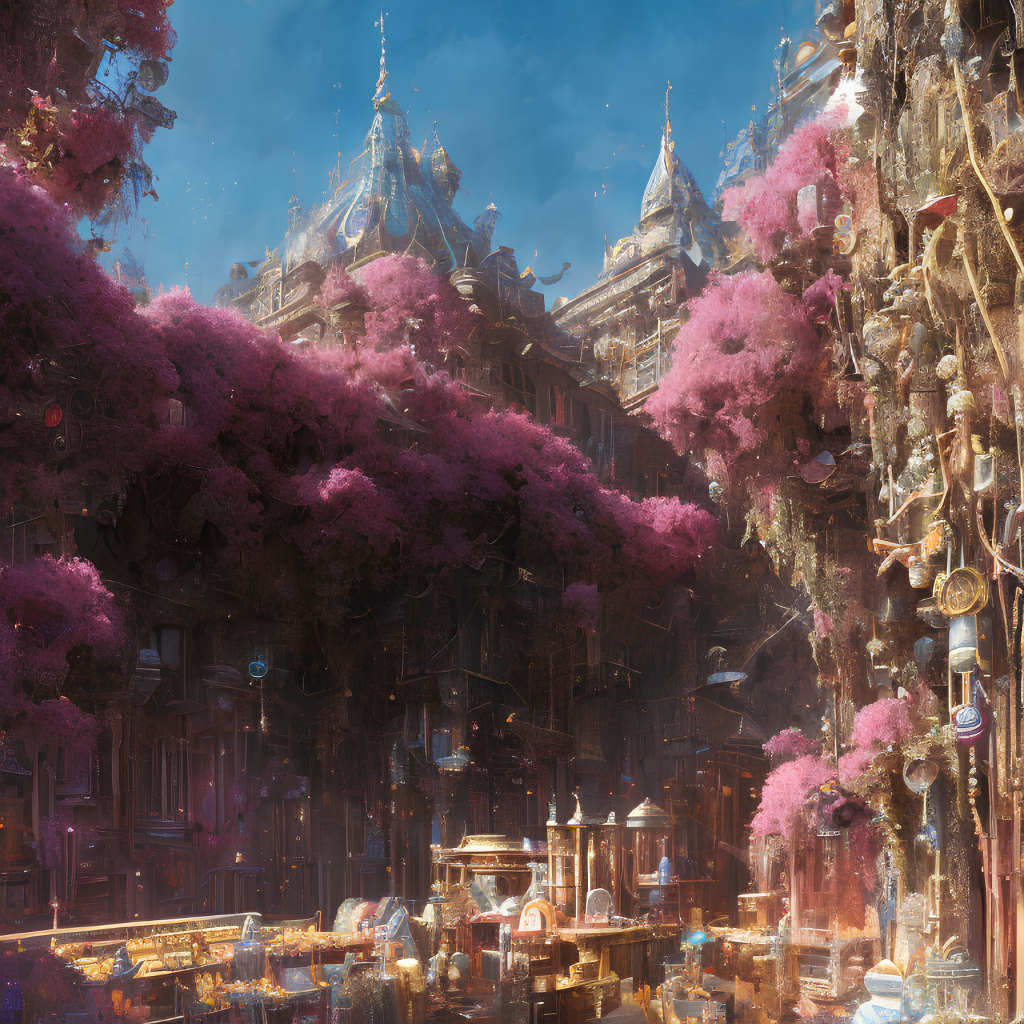 Fantastical cityscape with cherry blossoms, ornate buildings, spires, and glowing lights