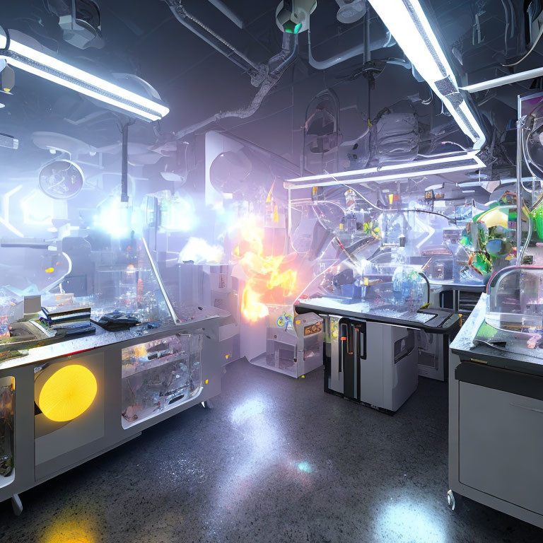 Futuristic laboratory with holographic displays and fiery explosion surrounded by high-tech equipment