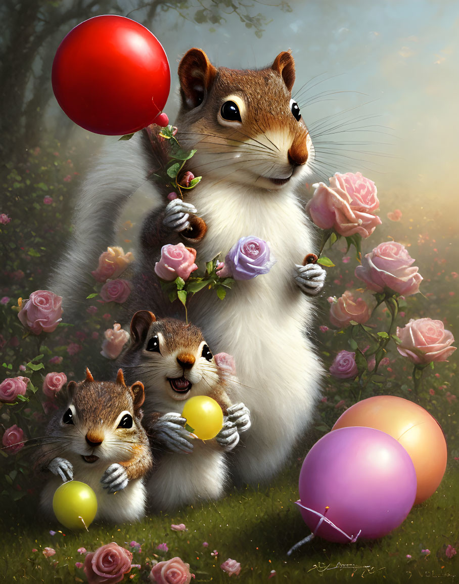 Anthropomorphic squirrel with red balloon and rose in rose garden