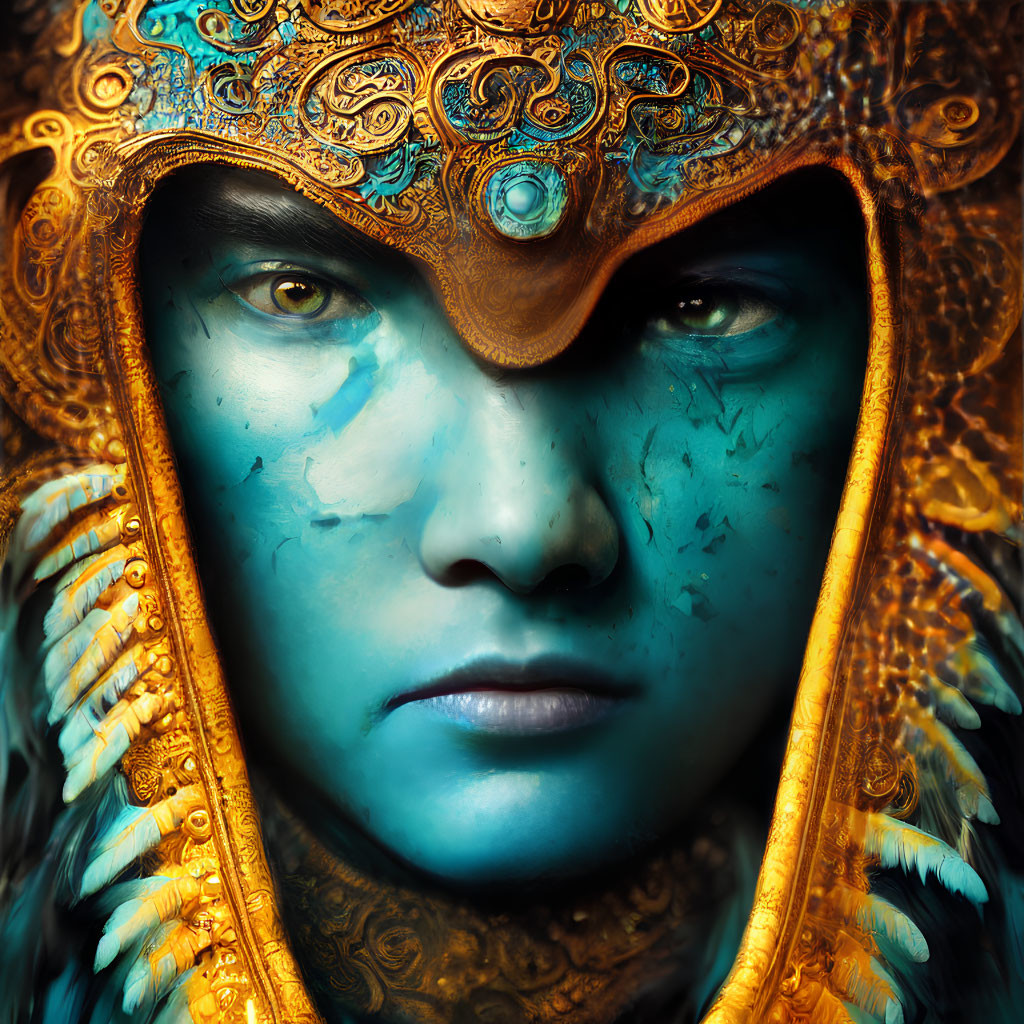 Close-up portrait of person with blue face paint and ornate golden headdress