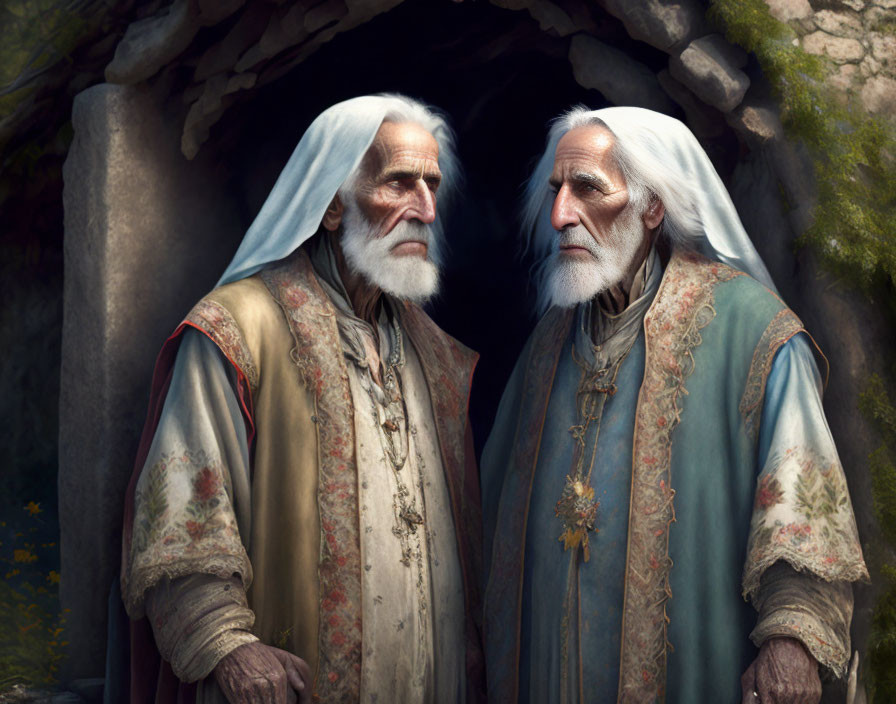 Elderly bearded men in ornate robes at cave entrance