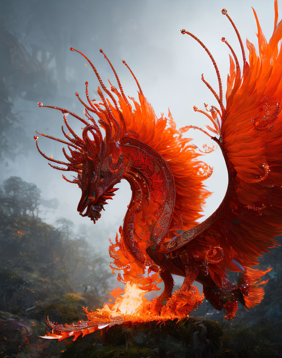 Fiery red-orange dragon with glowing wings in misty woods