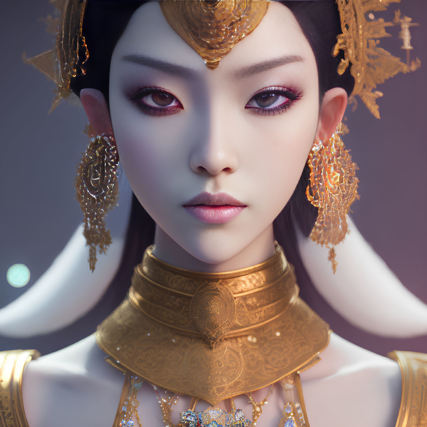 Digital artwork featuring woman with detailed golden jewelry and striking makeup