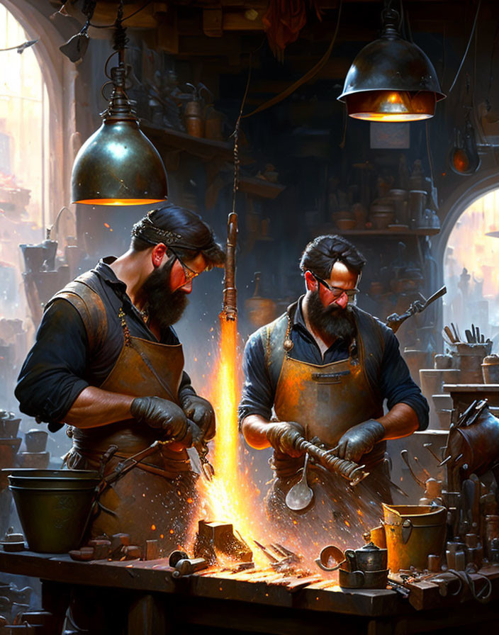 Blacksmiths working with molten metal in traditional forge