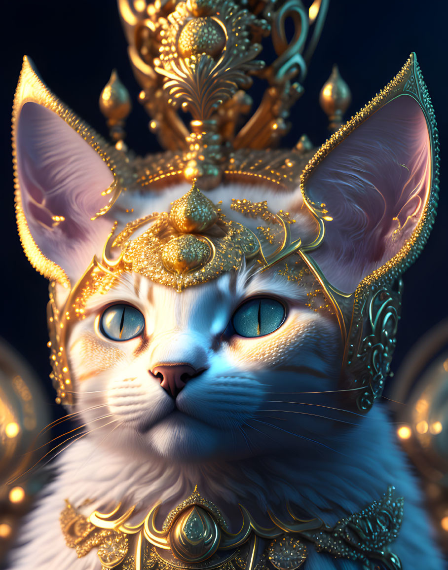 White Cat with Golden Headdress on Dark Blue Background