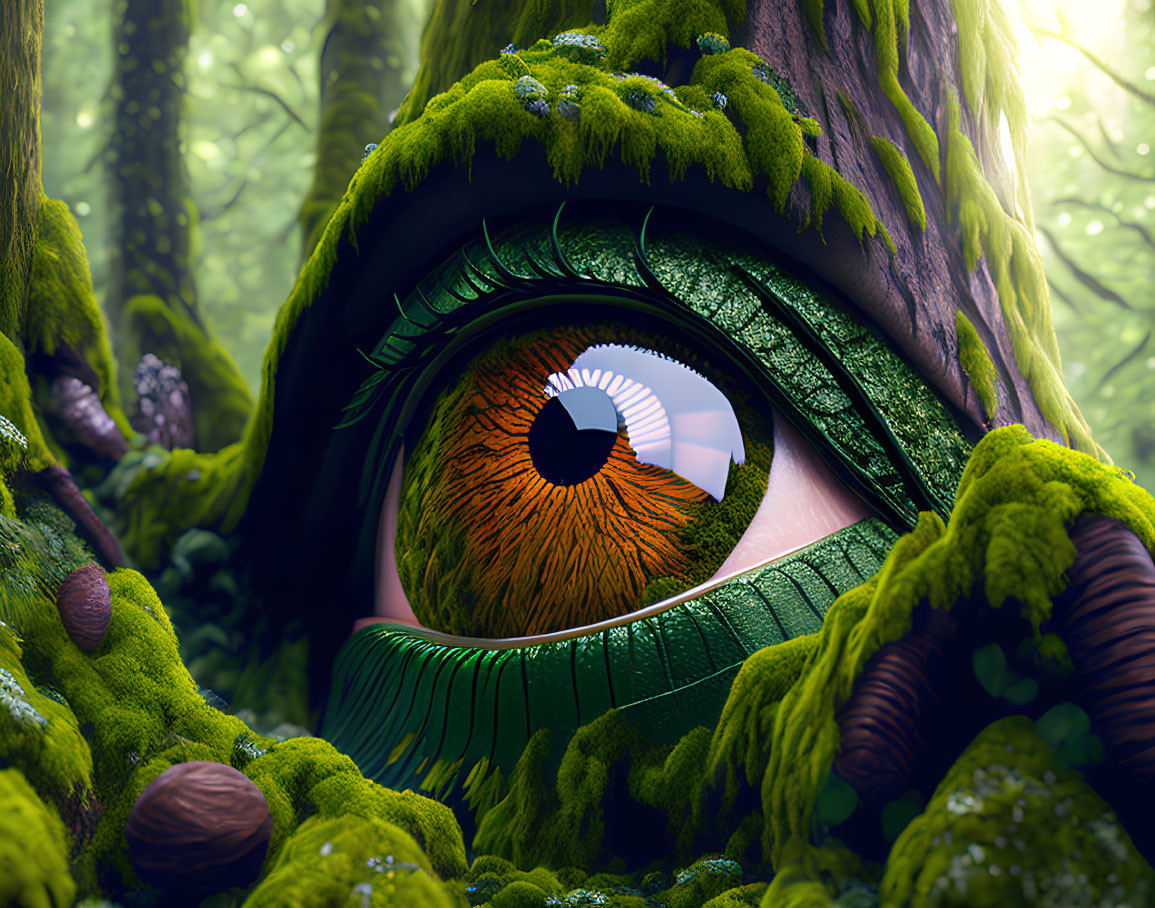 Hyperrealistic eye with lush forest elements integrated.