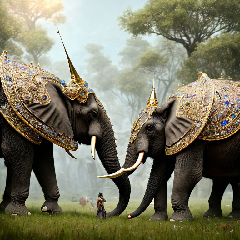 Elaborately adorned elephants with golden headdresses and tusks intertwined in mystical forest setting.