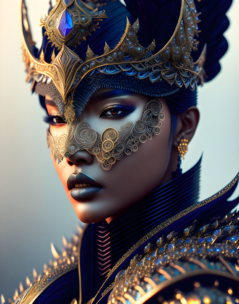 Majestic female figure in ornate gold and blue headdress and regal armor