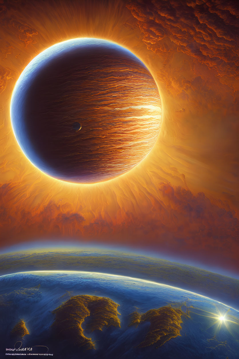 Digital artwork of fiery eclipse over darkened planet on cool blue surface