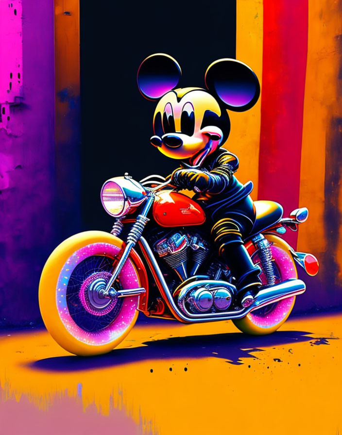 Colorful Mickey Mouse Biker Art on Vibrant Motorcycle