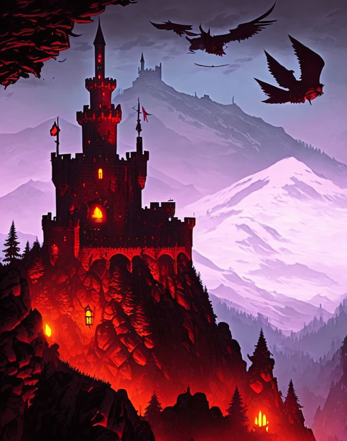 Ominous castle on craggy peak under red sky.