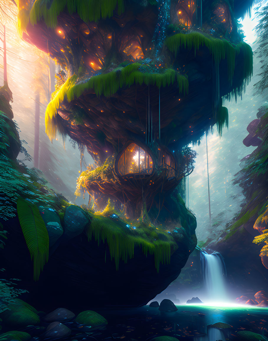 Enchanted forest scene: Floating island with lush greenery and glowing house