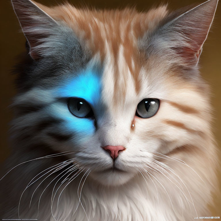 Fluffy white and tan cat portrait with blue lighting patterns