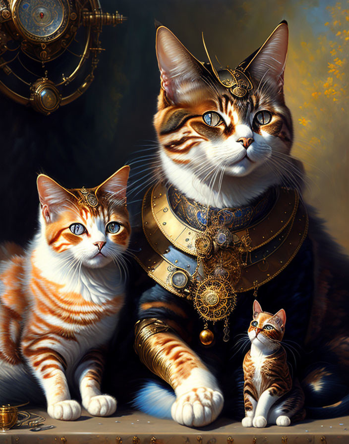 Three Steampunk Cats in Gear and Goggles on Dark Background