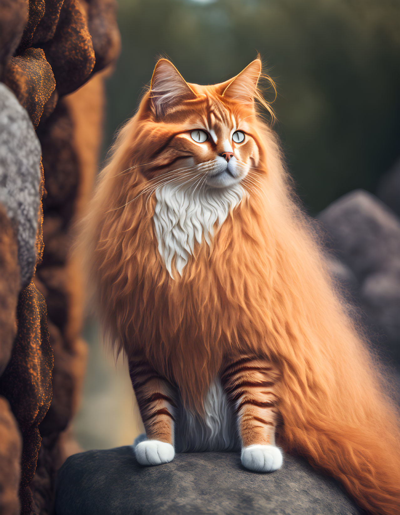 Majestic orange cat with blue eyes sitting on rock in nature.