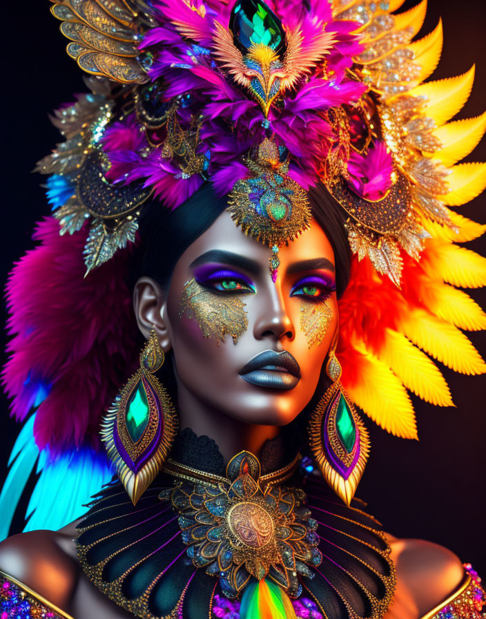 Colorful Carnival Makeup and Feather Headdress in Purple, Gold, and Orange